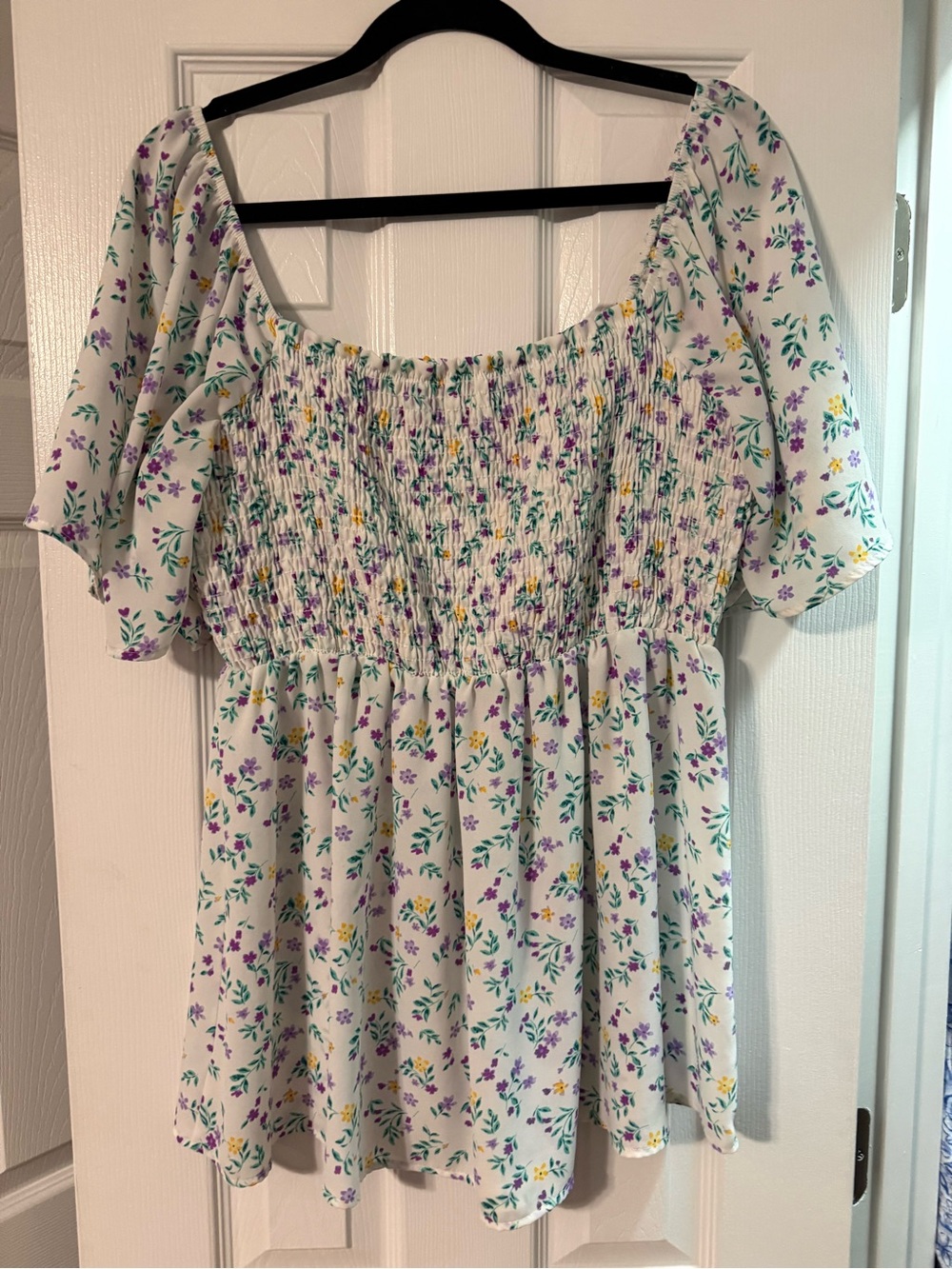 Chic Soul White Floral Smocked Square-Neck Blouse
